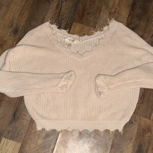 Jessica Simpson Cream V-neckNeck distressed fringed Sweater cropped size large